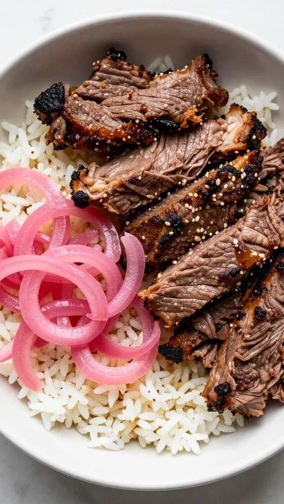brisket rice bowl with pickled onions, overhead closeup