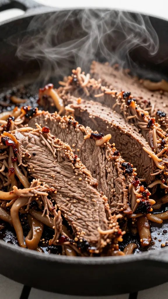 saucy shredded brisket in cast-iron skillet, steamy closeup