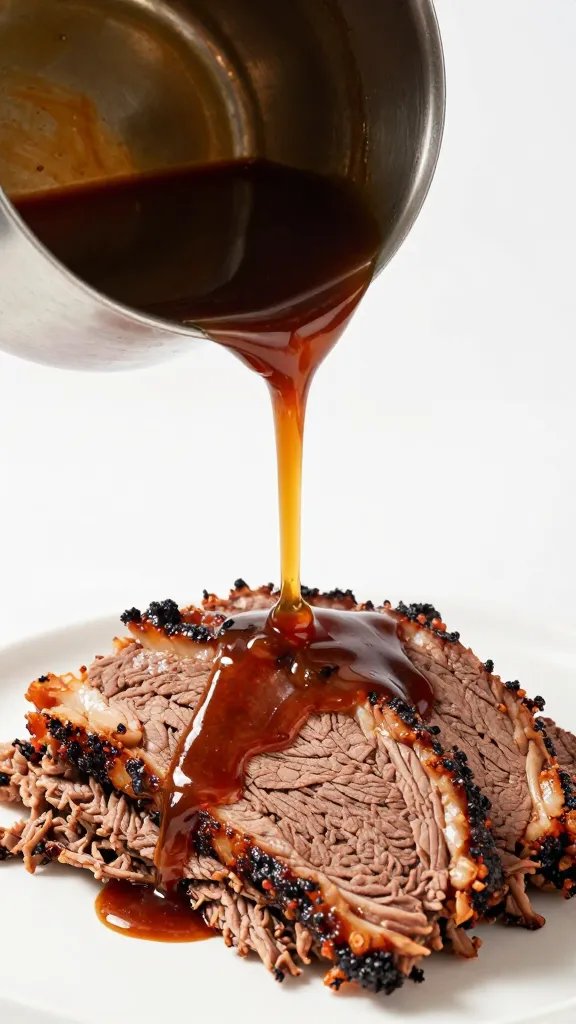 ladle pouring warm barbecue sauce over shredded brisket