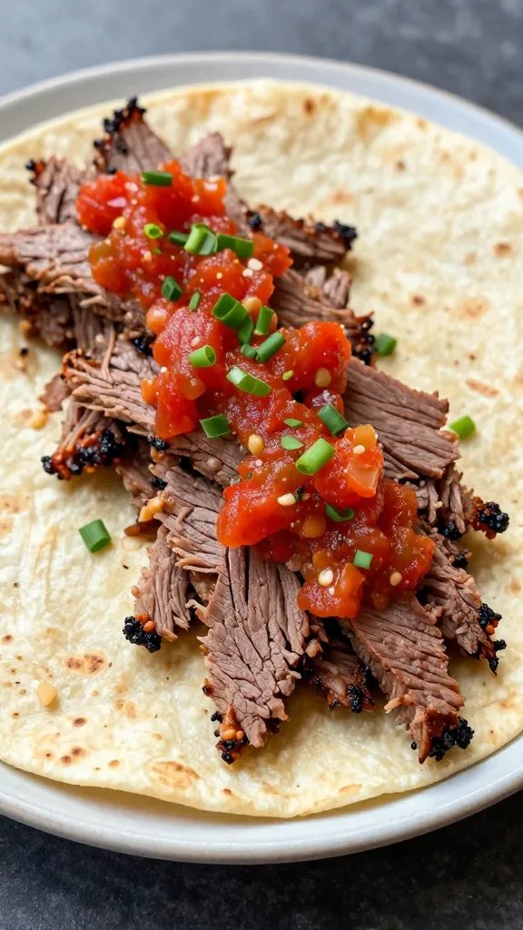 single soft tortilla filled with brisket and salsa roja