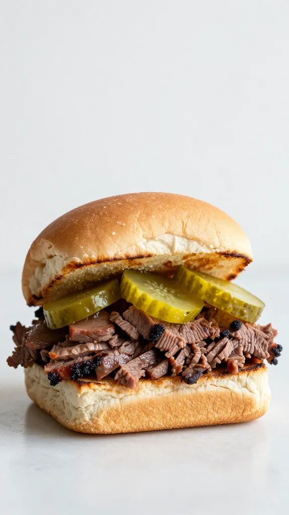 toasted brioche slider bun with brisket and pickles