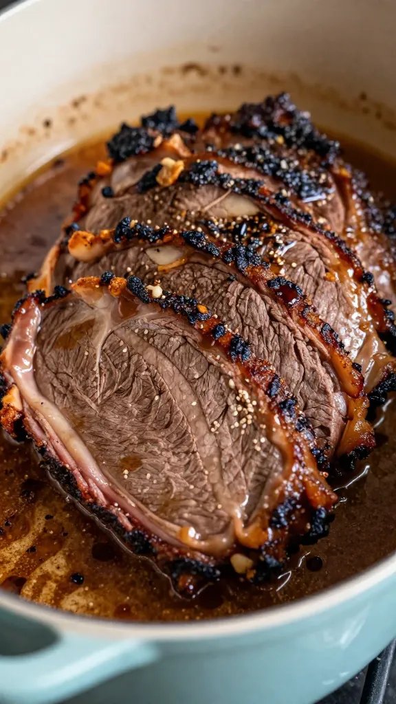 closeup of reheated brisket in dutch oven with juices