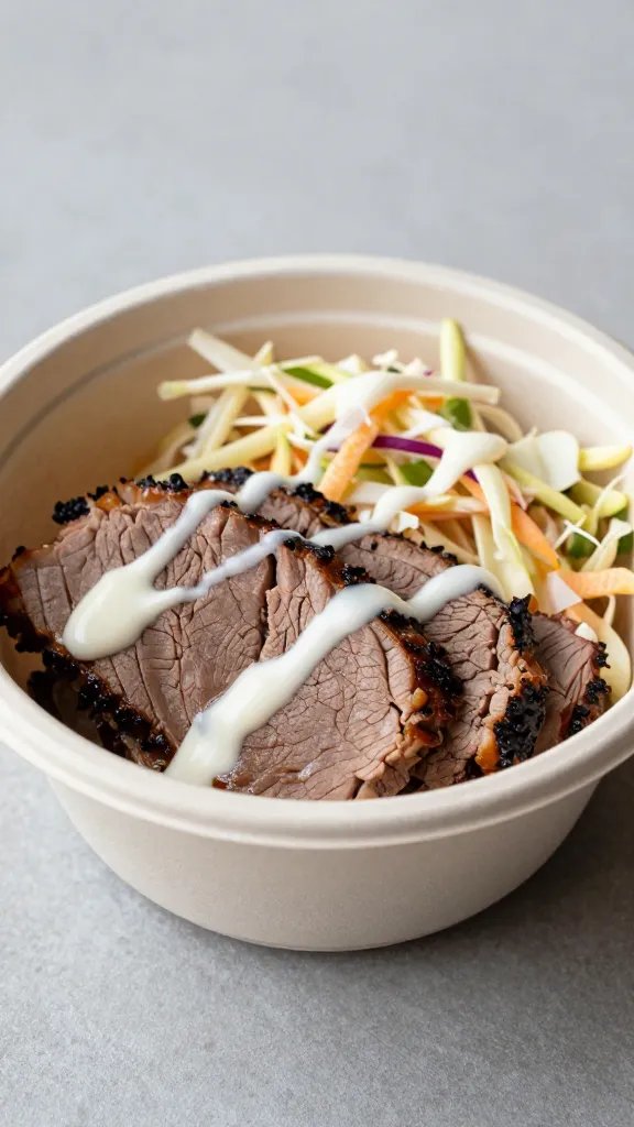 small compostable bowl of brisket, slaw, and drizzle