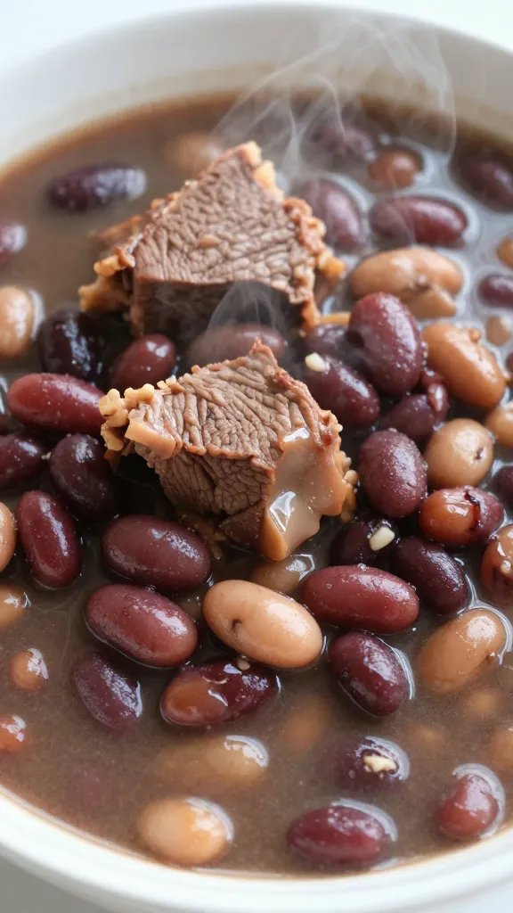 closeup bowl of smoky bean stew with brisket ends