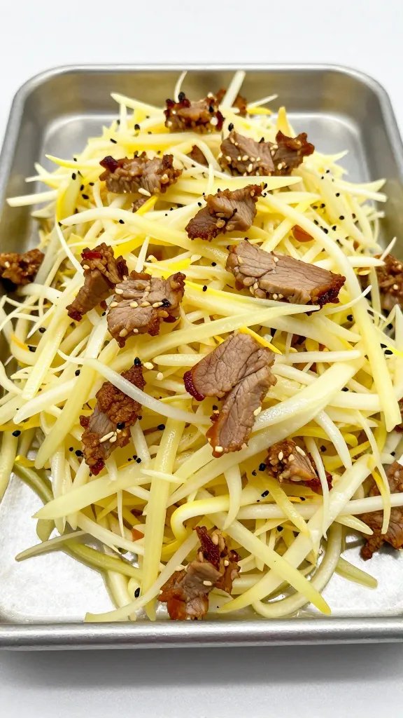 single tray of vinegar slaw topped with pulled pork bits