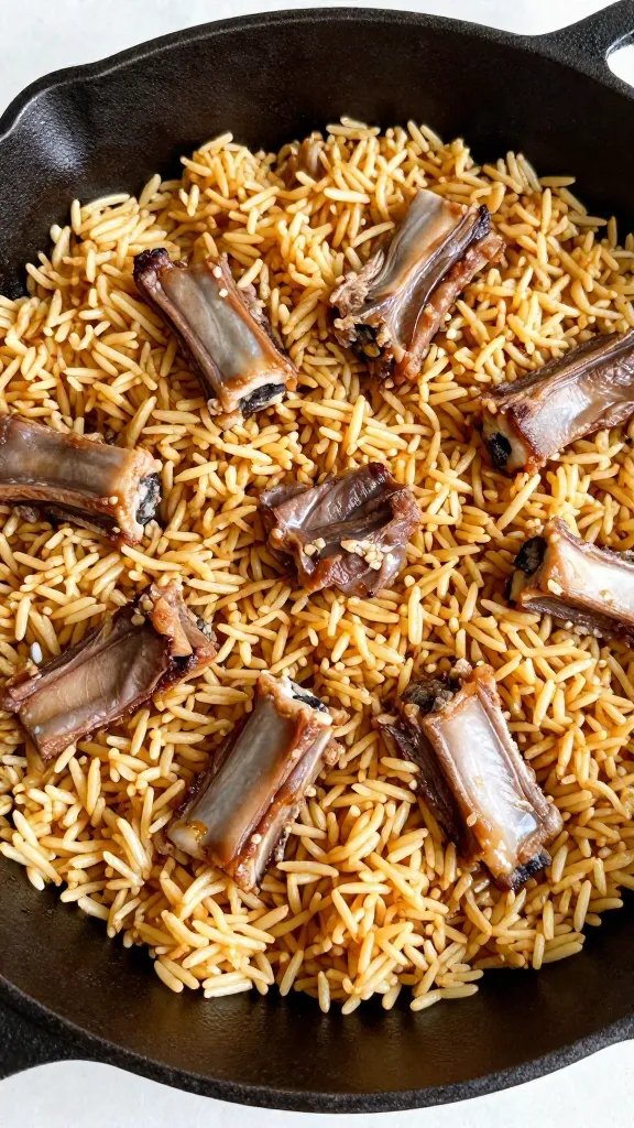 cast-iron skillet rice pilaf with chopped rib tips