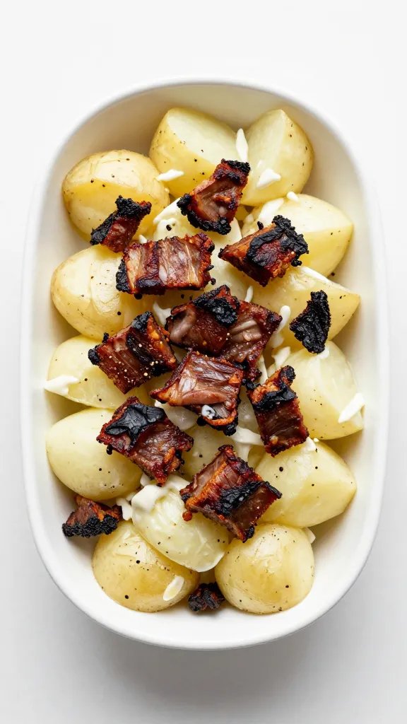single serving of potato salad with crispy burnt ends