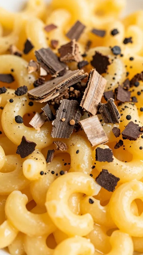 closeup mac and cheese crowned with chopped bark