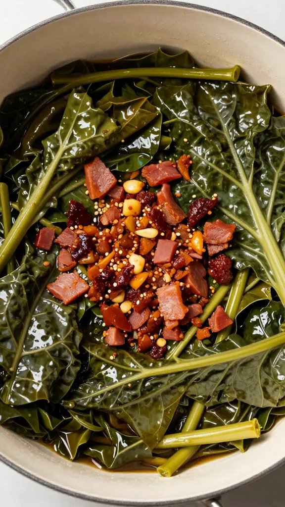 collard greens in pot with hammy bbq scraps