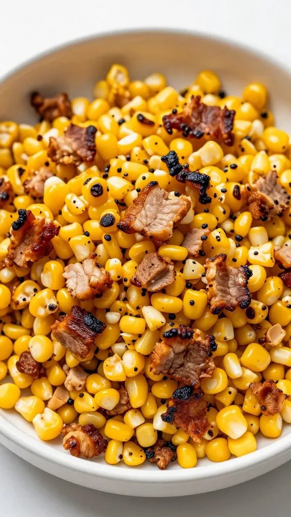 charred corn salad sprinkled with chopped pork cracklings
