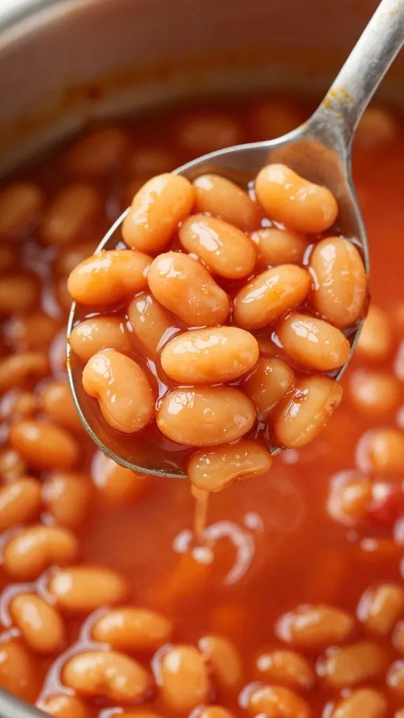 single ladle of tomatoey beans with smoky drippings sheen