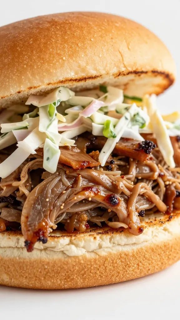 closeup of pulled pork on brioche bun with slaw