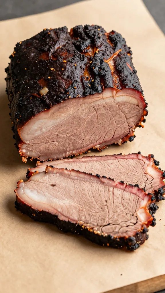 sliced smoked brisket on butcher paper, visible smoke ring