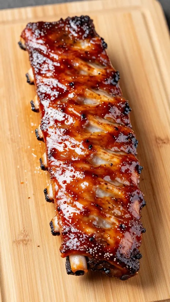 single rack of glazed baby back ribs on cutting board