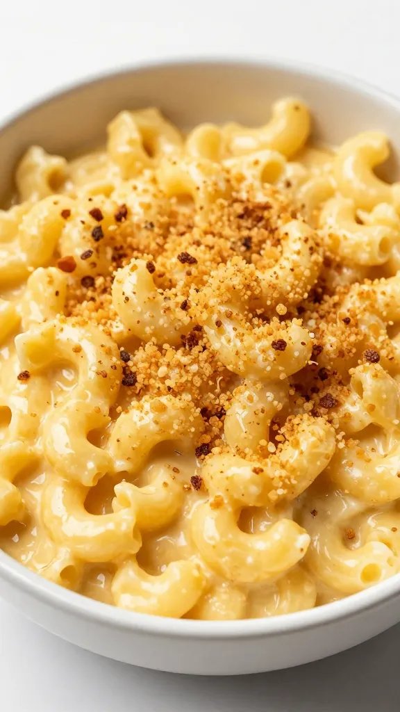 bowl of creamy mac and cheese with breadcrumb crust