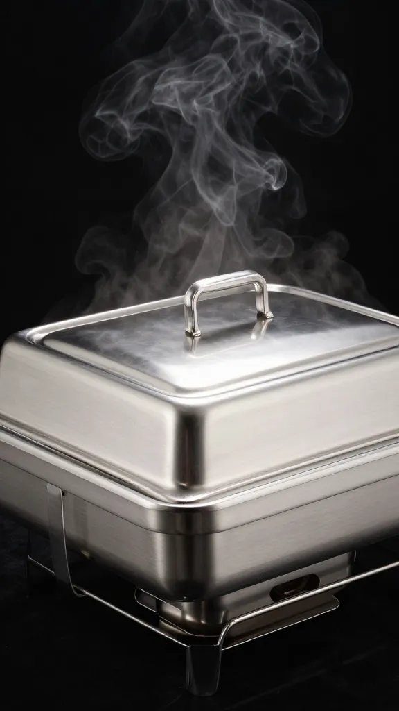 stainless chafing dish with steam rising, closed lid handle
