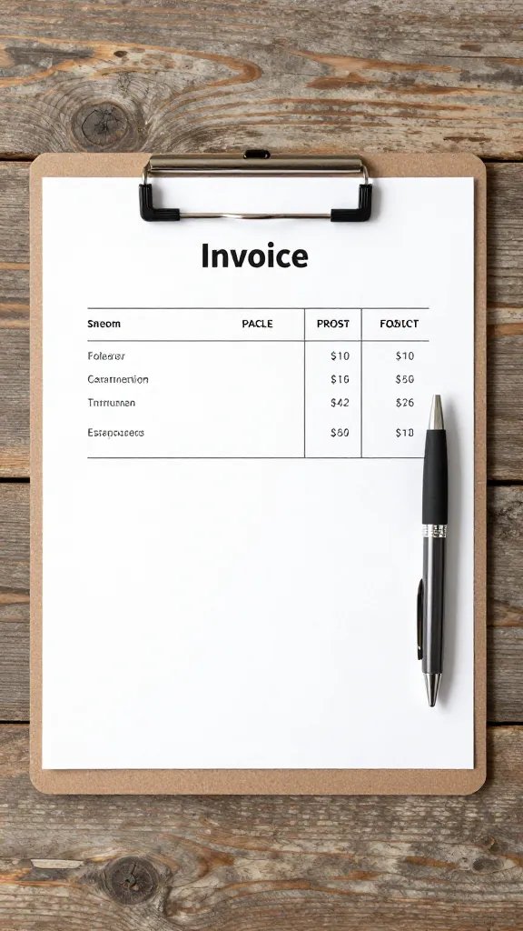 catering invoice clipboard with pen on rustic table