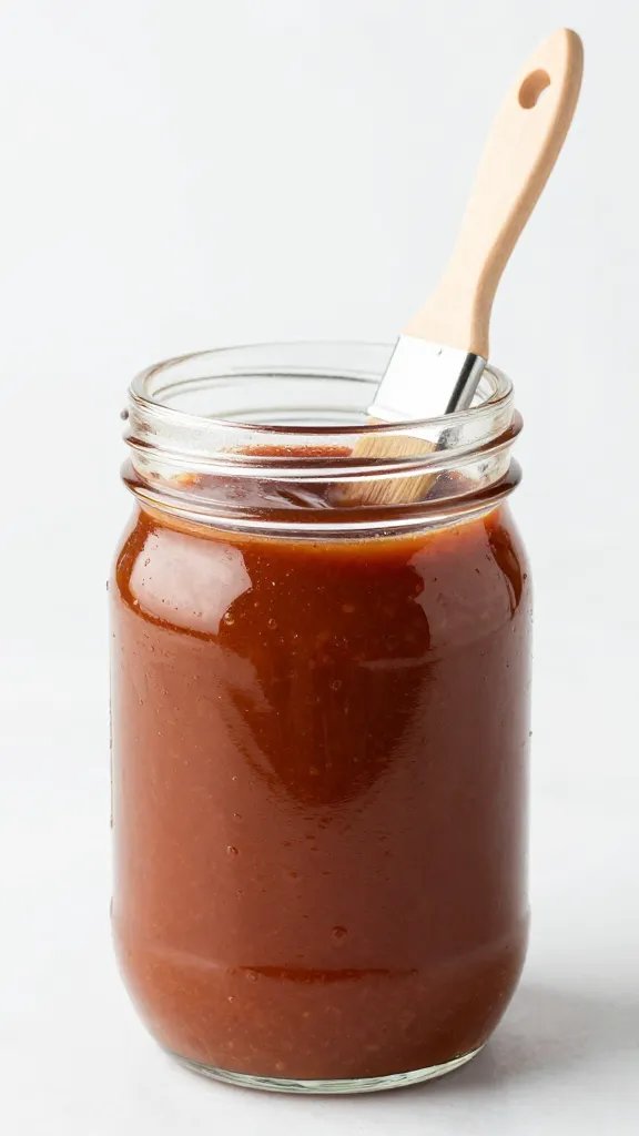 mason jar of tangy barbecue sauce with basting brush