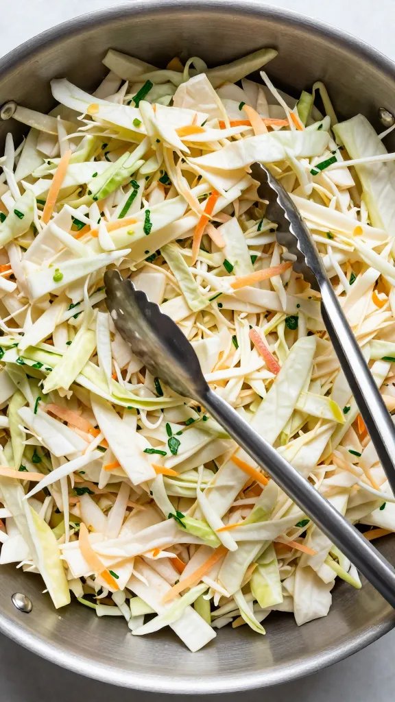foil pan of coleslaw with serving tongs, overhead closeup