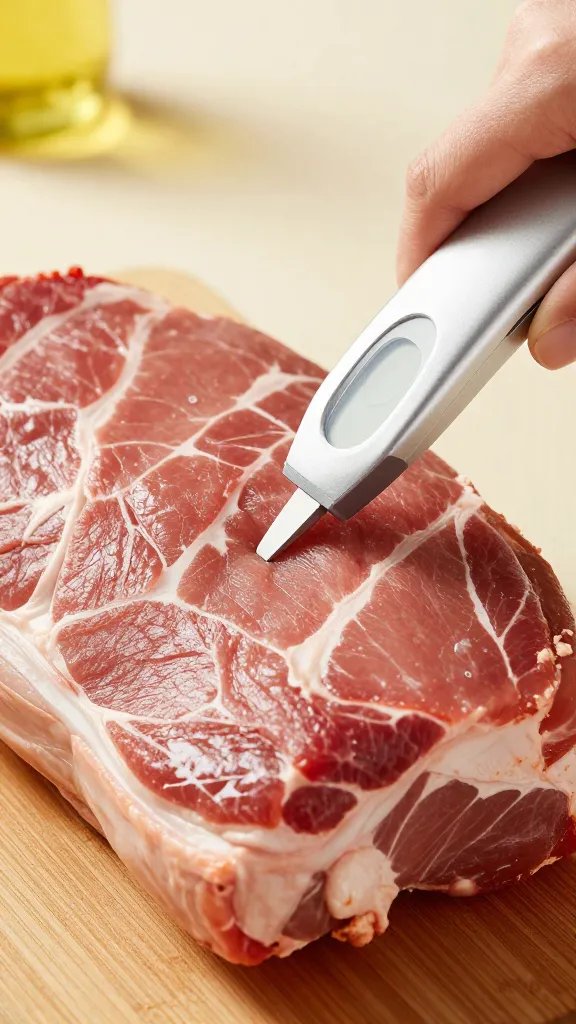handheld meat thermometer inserted in pork shoulder