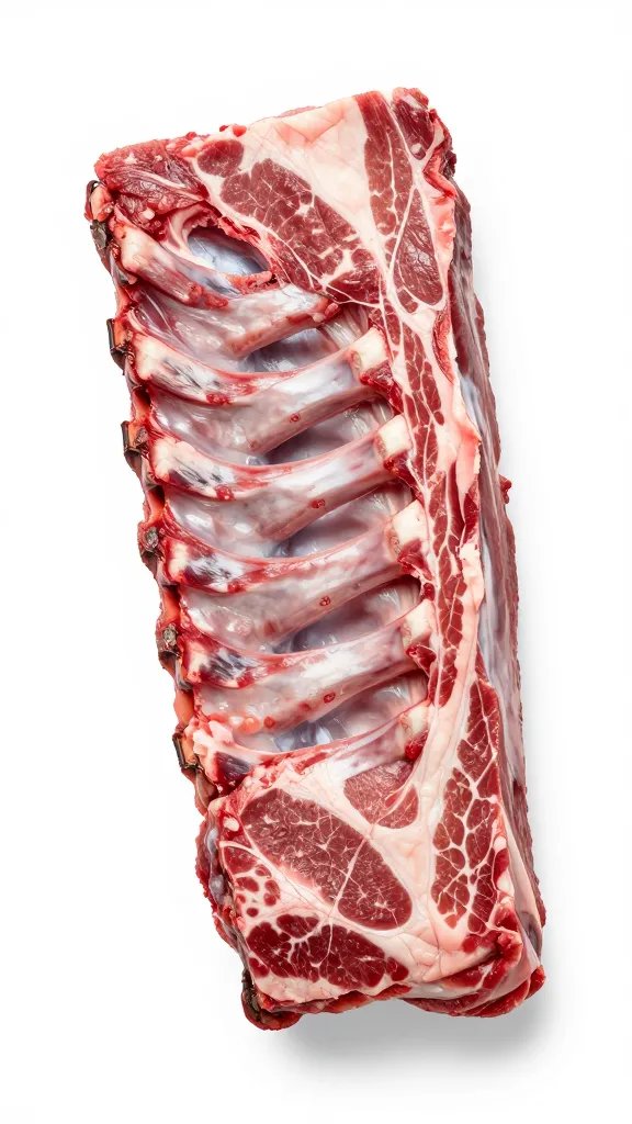 Single St. Louis rib rack, raw, overhead detail