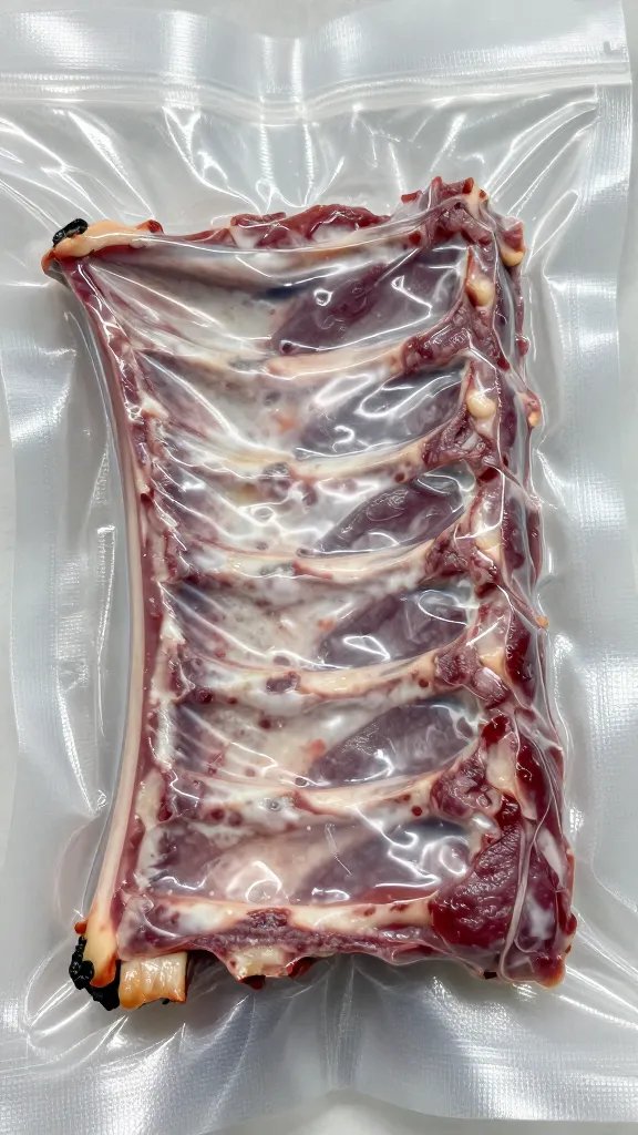 Vacuum-sealed rib rack, purge visible, closeup