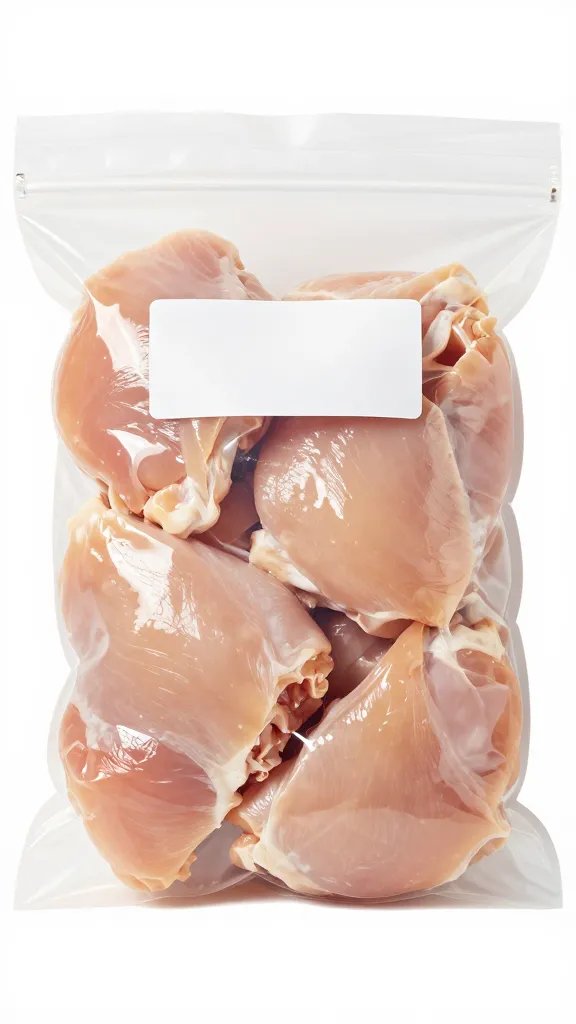 Freezer-safe labeled quart bag of portioned chicken thighs