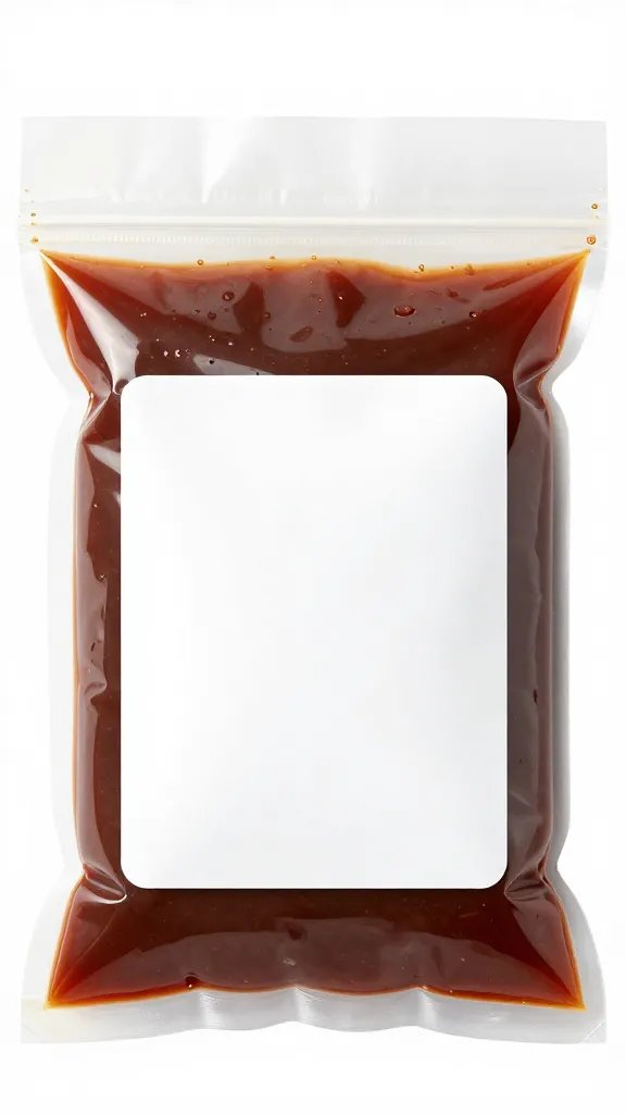 vacuum-sealed freezer bag of BBQ sauce, labeled