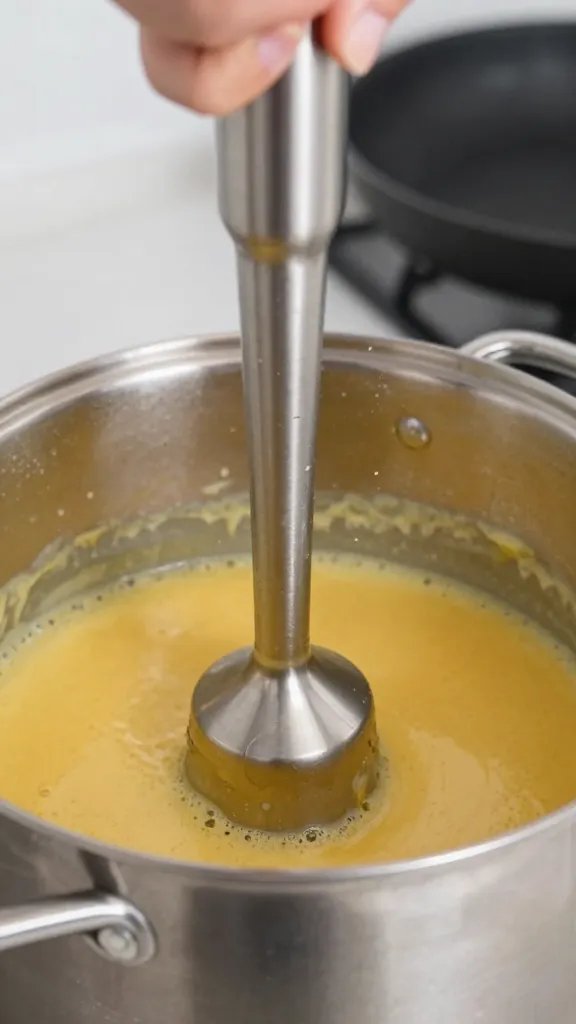 immersion blender blending sauce in stockpot