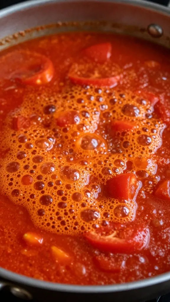 restaurant pan of simmering tomato base, bubbles