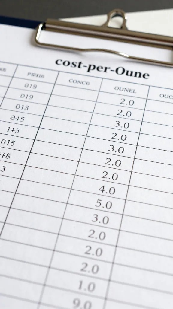 handwritten cost-per-ounce chart on clipboard closeup