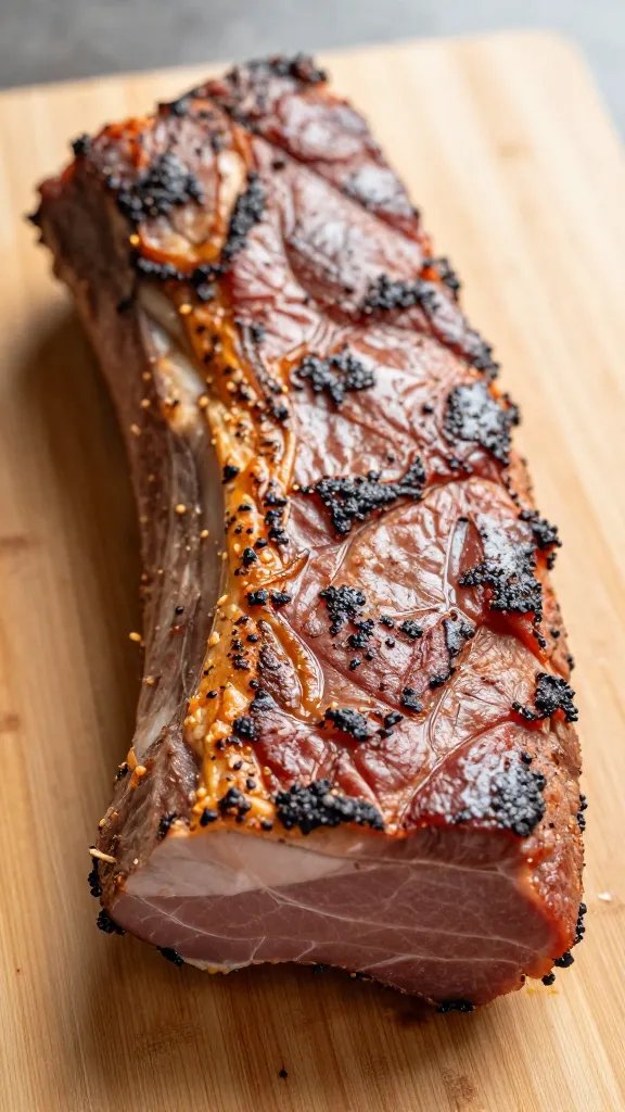 closeup of smoked pork shoulder bark on cutting board