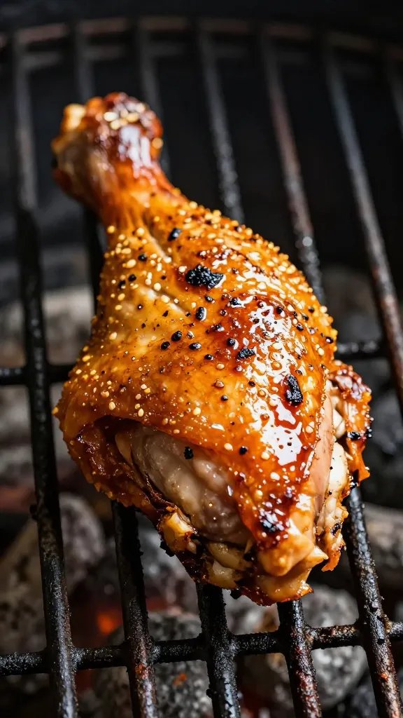 glazed chicken leg quarter on grill grates