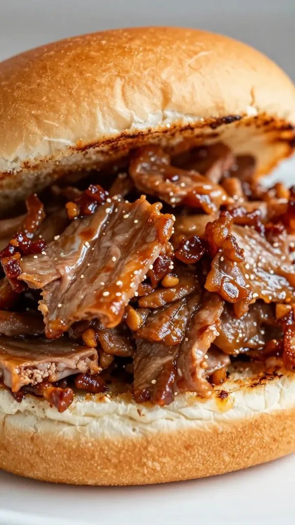 closeup of pulled pork piled on brioche bun