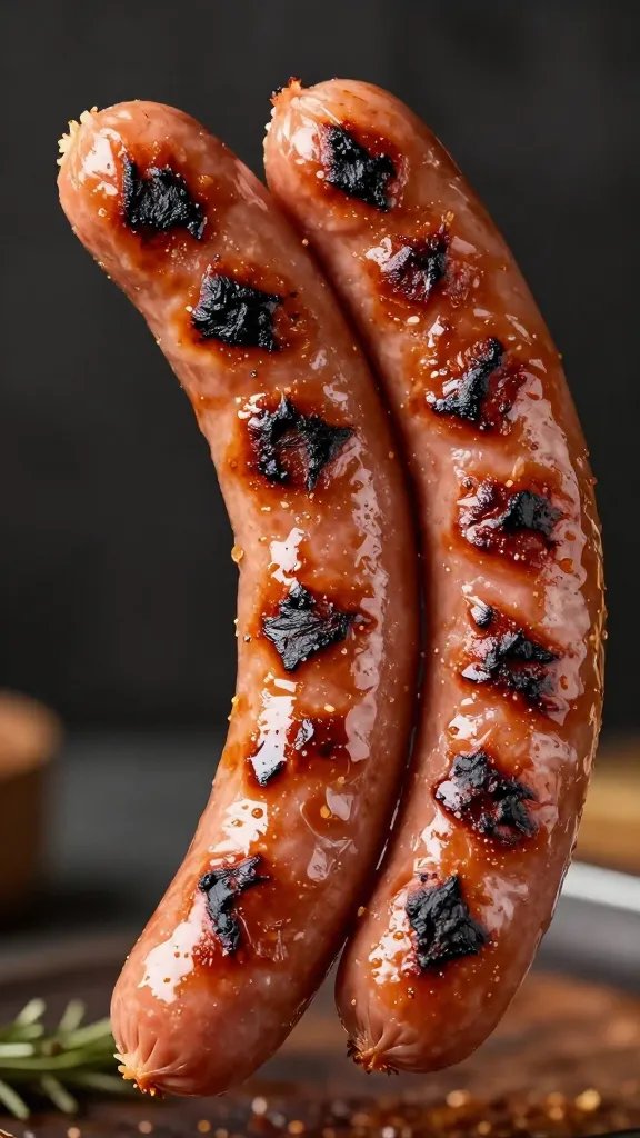 grilled sausage link with char blisters, tight crop