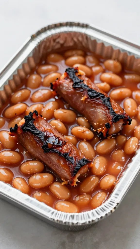 single aluminum pan of baked beans with burnt ends