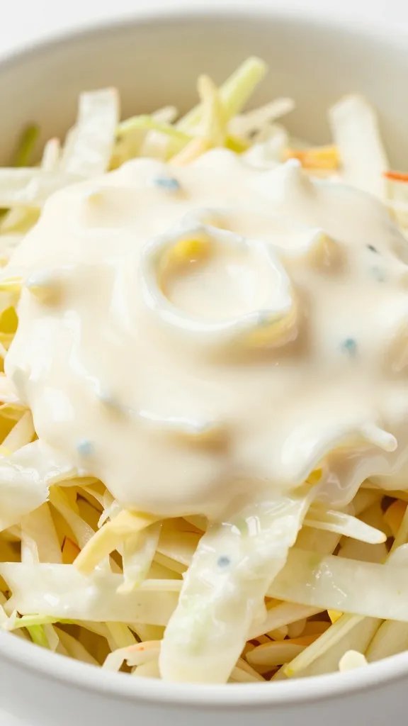 closeup of coleslaw in white bowl, creamy dressing