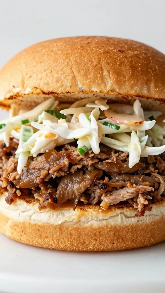 single brioche bun piled with pulled pork and slaw