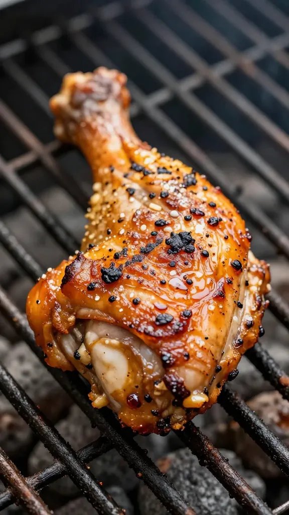 closeup of dry-rubbed chicken leg quarter on grill grates