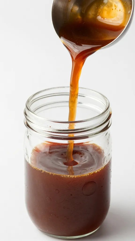 ladle pouring tangy vinegar bbq sauce into mason jar