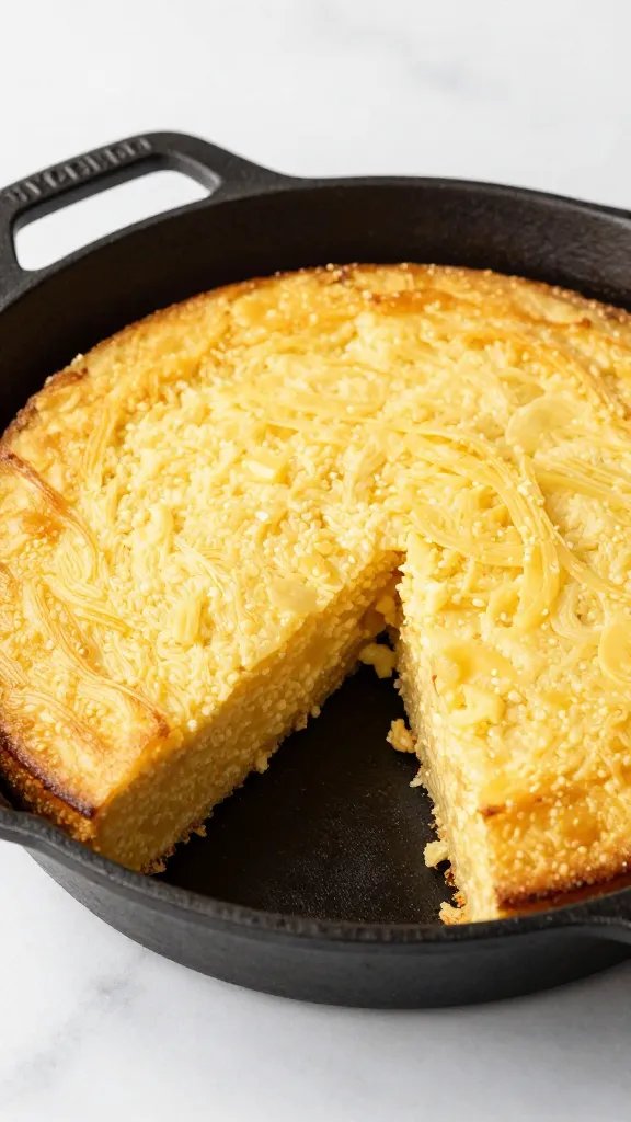 single cast-iron skillet of buttery cornbread, sliced wedge