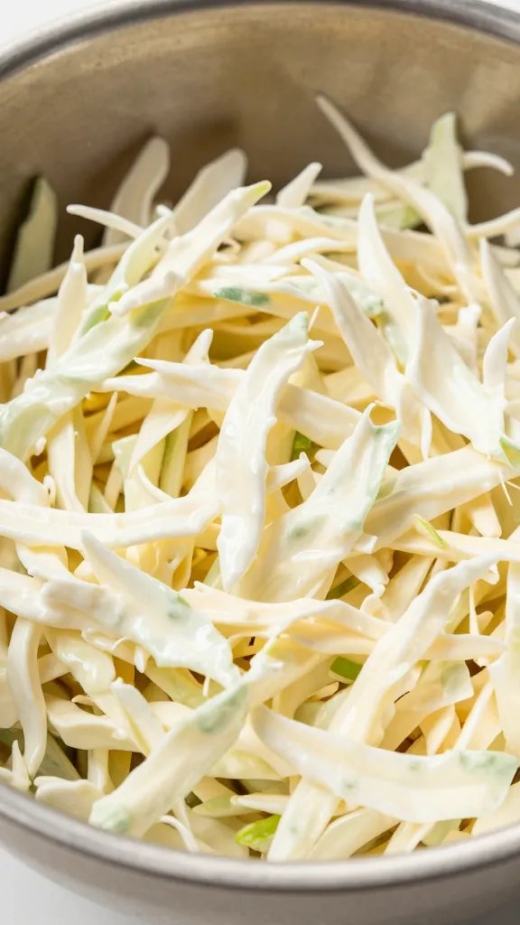 closeup of creamy coleslaw in stainless mixing bowl