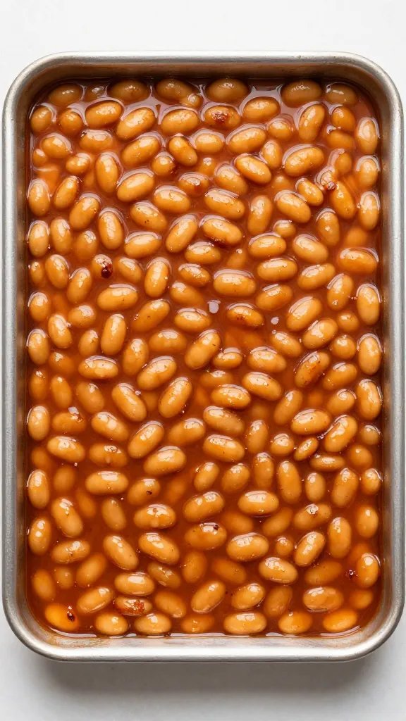 single tray of smoky baked beans with caramelized top