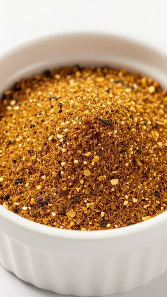 closeup of spice rub in ramekin with visible pepper flakes