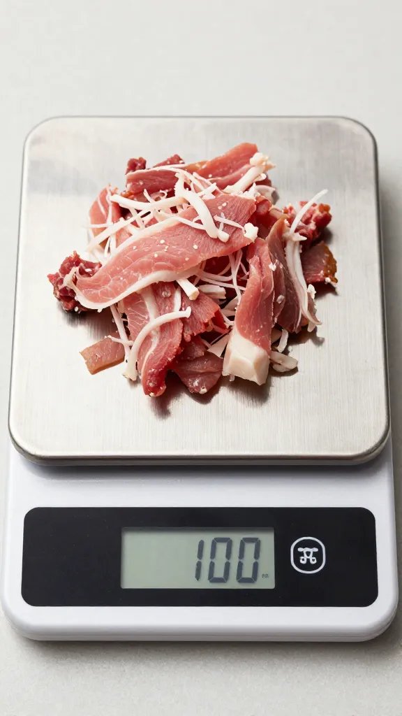 digital kitchen scale weighing portioned shredded pork