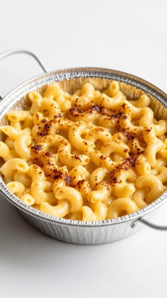 single aluminum pan of mac and cheese with browned crust