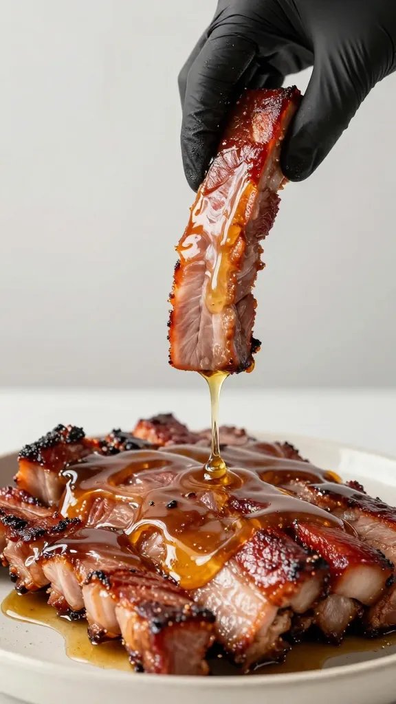 Gloved hand saucing pulled pork with vinegar mop