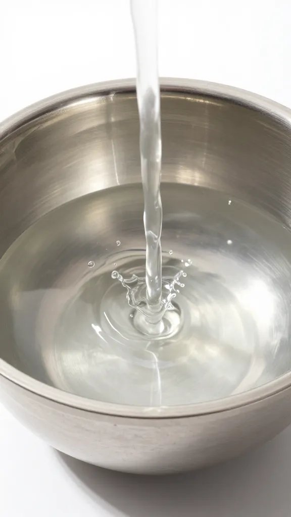 White vinegar splash in stainless mixing bowl