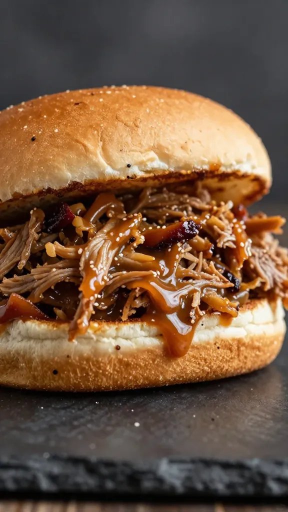 Single sauced pulled pork sandwich on brioche