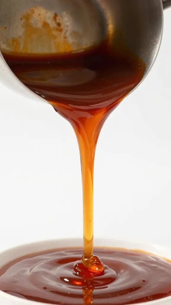 Ladle pouring tangy BBQ sauce stream